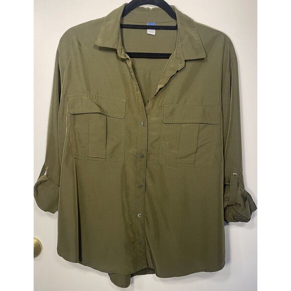 Old Navy M Shirt Button Utility Olive Green Blouses Pockets Roll Tab Round Hem - Picture 5 of 10